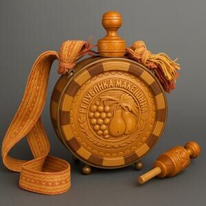 Vtg Macedonian Wooden Flask Canteen Hand Carved Folk Art Souvenir Bottle w Strap